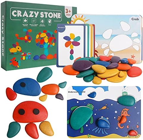 36 יחידות עץ מיון לערום סלעים צעצועי צבעוני איזון אבנים משחק מונטסורי פאזל עם 30 יחידות כרטיסי חלוקי