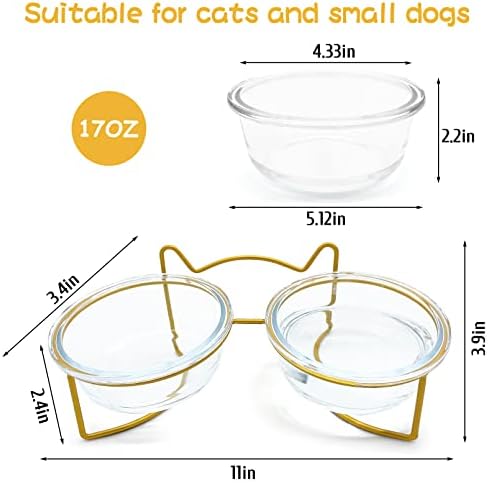 קערת חתולים מוגבהת זכוכית כפולה עם מעמד ברזל זהב, מזון חתול מוטה של ​​15 מעלות קערות מים וקערות