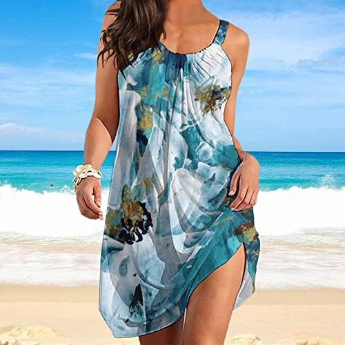 חוף שמלות נשים קיץ מזדמן בוהמי שמלה רופף כושר זורם מיני שמלה ללא שרוולים צוואר כיסוי עד שמלה קיצית