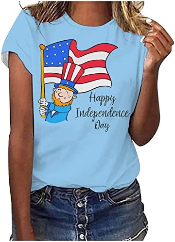 בנות שרוול קצר כותנה סירות צוואר אמריקה דגל אמריקאי חולצה טרקלין גרפית חולצת חולצה רופפת חולצה לנשים Uy