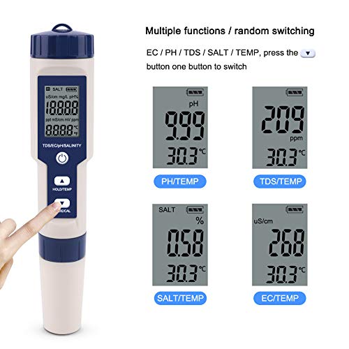 Meichoon 5 ב 1 TDS/EC/pH/מליחות/מד טמפרטורה בודק צג איכות מים דיגיטלי עבור הידרופוניקה/אקווריומים/בריכות/מי