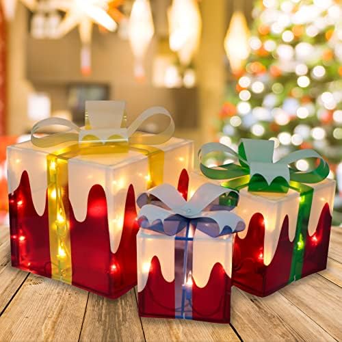 סט ג ' וידומי של 3 קופסאות מתנה מוארות לחג המולד שלג, קופסת מתנה דקורטיבית מוארת מראש מתחת לעיצוב