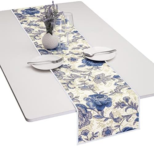 רץ לשולחן כותנה מוקייטדקור, רצים לשולחן פרחים כחולים למסיבות ארוחת ערב, חתונות, תפאורה ושימוש יומיומי,