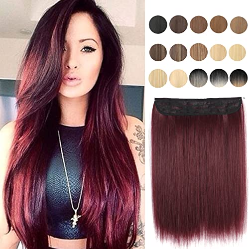תוספות שיער הילה יין אדום 16 ארוך ישר חוט בלתי נראה מזויף שיער הארכת שיער חתיכה לנשים מתכוונן שקוף קו