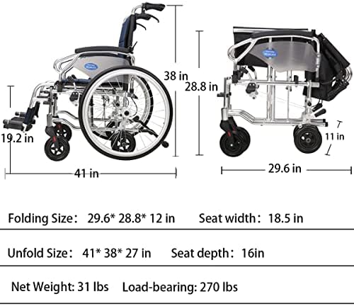 כיסא גלגלים ידני רב תכליתי מאלומיניום למבוגרים עם משענות יד לאחור, משענות רגליים מתנדנדות וגלגלים