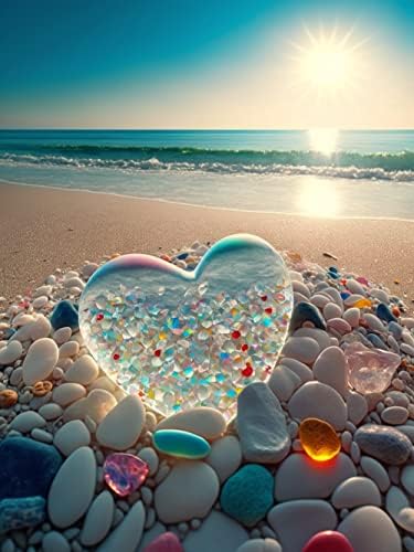 Beaudio Love ציטוטים סדרת ערכות ציור יהלומים למבוגרים - אבן לב בהירה על חוף הזריחה - DIY עגול מקדחה מלאה