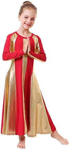 בנות מתכתיות ליטורגי שמלת ריקוד פעמון שרוול ארוך בלוק בלוק לבגדי ריקוד לירי כנסיית כנסיית ילד פולחן