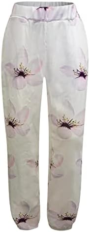 מכנסי פשתן מזדמנים לנשים מדפיסים פרחי רגליים ישר מכנסיים קצוצים קלים משקל קלסטי מותניים אלסטיים רגל רחבה