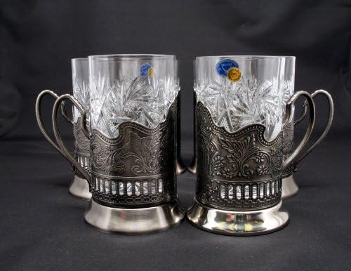 שילוב 6 רוסית חתוך גביש שתייה כוסות תה עם מחזיקי זכוכית מתכת Podstakannik לנוזלים חמים או קרים