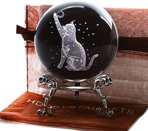60 ממ 3 ד חתול קריסטל כדור צלמית זכוכית לייזר חקוק חתול ירח כוכב קריסטל כדור עם מעמד זכוכית כדור