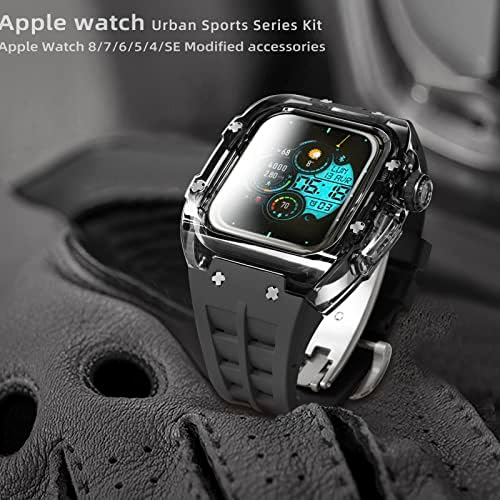 מארז שחור שקוף או שקוף של Neuupesen עם להקת פלואורורובר עבור Apple Watch 44 ממ/45 ממ, קריסטל ברור