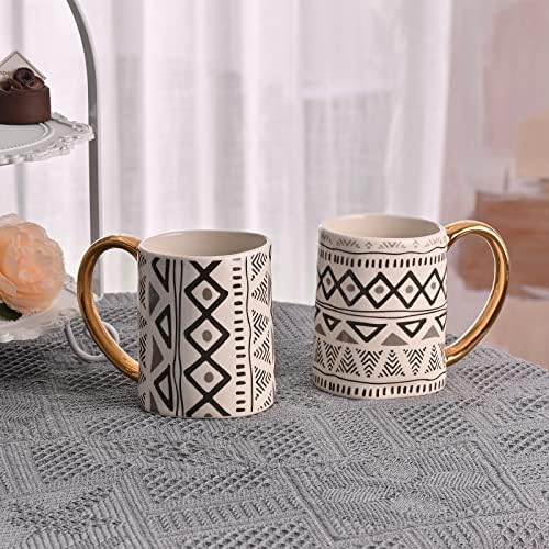Taimei Tiemime Ceramic Coffee ספל עם ידית, ספל קפה גדול של 16.9-Oz סט של 2 עם 2 עם דפוס בד בוץ אפריקני בשחור
