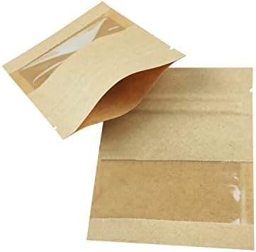 100 מארז נייר קראפט לשקיות רוכסן קטנות עם חלון שקוף, 2. 7 על 3.5 אינץ ' שקיות מדגם לאחסון מזון ניתן לאטימה
