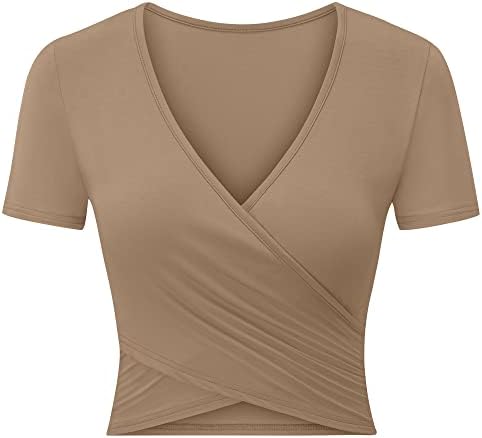 צמרות יבול נשים NVWAN עמוק V צוואר שרוול קצר רזה מתאים לייחודי Criss Cross Wrap חולצה מזדמנת חולצה
