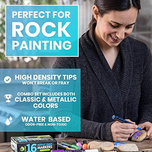עטים לצבע אקרילי לציור סלע - סמני צבע אקריליים חדשים - כולל 16 סמנים על בסיס מים עם טיפים הפיכים
