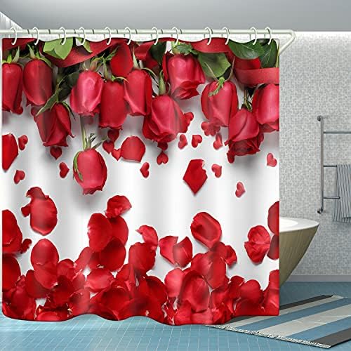 Wodejia אטום מים אטום למקלחת וילון אוניית עלי כותרת של ורדים אדומים הדפס וילונות אמבטיה מכוסים אמבטיה כולל 12