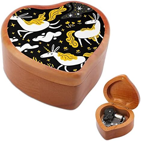 חד קרן חמוד עם כוכבים לבנים וצהובים קופסא מוזיקה מעץ צורה לב צורה קופסת מוזיקה וינטג 'שעון עץ מתנות