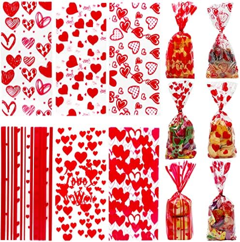 120 חתיכות האהבה צלופן לטפל שקיות חג האהבה סוכריות שקיות, 6 מגוון סגנונות ולנטיין לטפל שקיות עם קשרי עבור האהבה