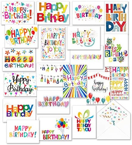 100 כרטיסי יום הולדת שמח בתפזורת, ריקים בפנים עם מעטפות ומדבקות – - 20 תווי עיצובים צבעוניים בהירים ייחודיים,