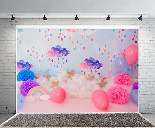 רקע יום הולדת של וופאופה ילדה 7 על 5 רגל לרסק את העוגה פרחי נייר קשת בלונים רקע צילום למקלחת תינוקות ובנות