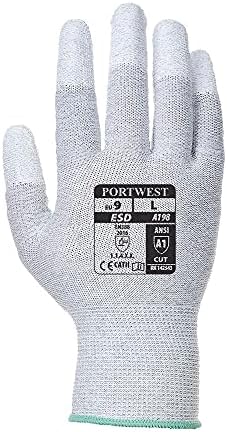 כפפת בטיחות אנטיסטטית של PortWest A198 עם ציפוי ציפוי קצות האצבעות של PU, בינוני, אפור
