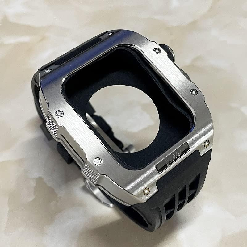 ערכת שעון יוקרה של Kanuz Case and Mod Mod עבור Apple Watch Series 8 7 45 ממ, מתכת רצועת גומי מתכת