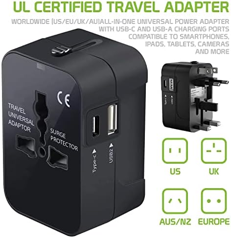 Travel USB פלוס מתאם כוח בינלאומי התואם ל- ZTE Engage LT עבור כוח עולמי לשלושה מכשירים USB Typec, USB-A לנסוע בין