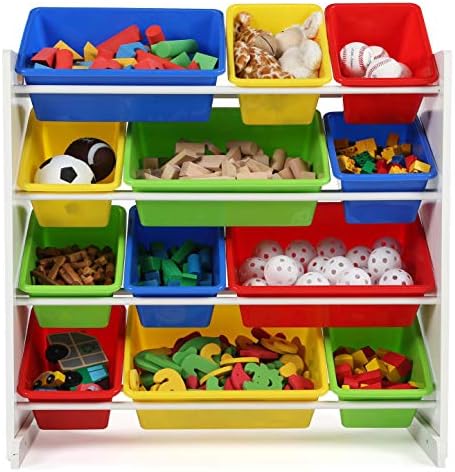 מארגן אחסון צעצועים לילדים W/ 12 פחי פלסטיק לבנים/ ראשוני לבן מודרני MDF כולל חומרה