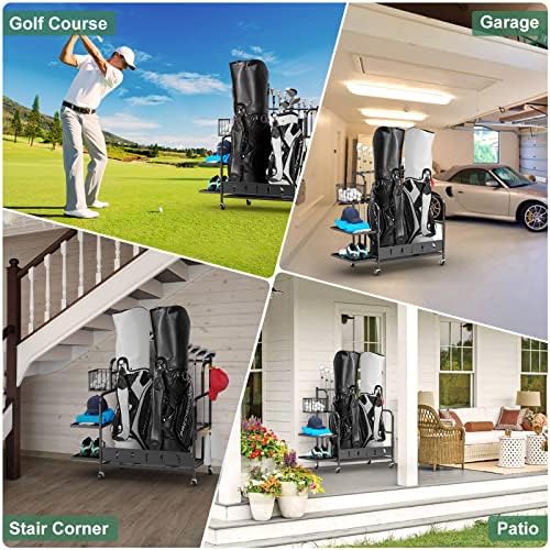 מארגן מוסך לאחסון גולף Vopeak עם גלגלים, מארגן שקיות גולף קל משקל מתאים לשני שקיות גולף ואביזרי גולף,
