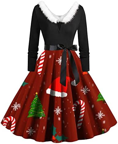 פרוותי חג המולד שמלת עבור נשים של בציר 1950 של חג המולד ארוך שרוול שמלת צווארון רוקבילי נשף מסיבת קוקטייל