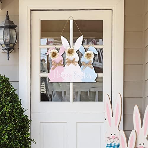 קישוטי פסחא פסחא קולב דלת כניסה: ארנב עץ חמוד שלט דלת זר פסחא שמח, ארנב לבן ורוד כחול עם קישוטי דלת פרחי