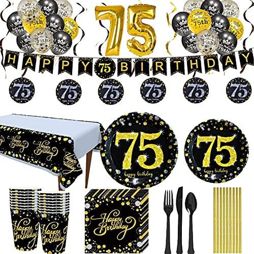 ציוד למסיבת יום הולדת 75-צלחות נייר חד פעמיות בשחור וזהב, מפיות, כוסות, מזלגות כיסוי שולחן, סכינים וכפות ל -24