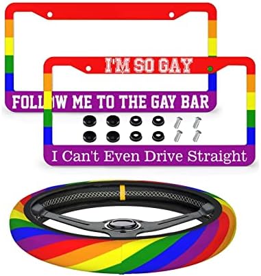 גאווה גאווה מסגרת מסגרת מסגרת חידוש תגי רכב מותאם אישית דגל קשת מכסה גלגל ההגה LGBTQ כיסוי לוחית רישוי אופנתית