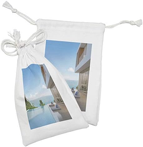 ערכת שקית בד לבן של Ambesonne של 2, עיצוב מינימליסטי מודרני בית קיץ בית קיץ עם הדפס אוקיינוס, תיק משיכה קטן