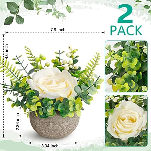 2 חבילות מיני צמחים מזויפים פרחים מלאכותיים עציץ ורדים משי וצמחי אקליפטוס עציצים עציצים תפאורה מלאכותית