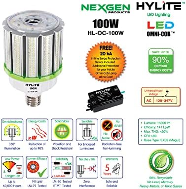 תאורת LED Hylite 100 וואט ביצועים גבוהים LED OMNI-COB מנורת, 360 מעלות ,, 50K, 14500 LM, 120 ~ 347V למחסן
