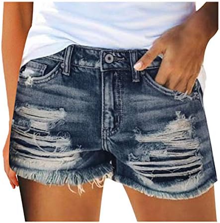 מכנסיים קצרים של ג'ינס לנשים במצוקה קרועה מכנסי קיץ קצוצים כפתור אמצע מותניים המותניים של מכנסיים חמים