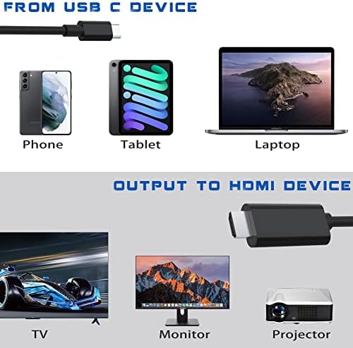 USB C ל- HDMI כבל 6FT 4K, USB-C HDMI מתאם תואם ל- MacBook Pro, iPad Air, HDMI USBC ממיר ל- Chromebook,