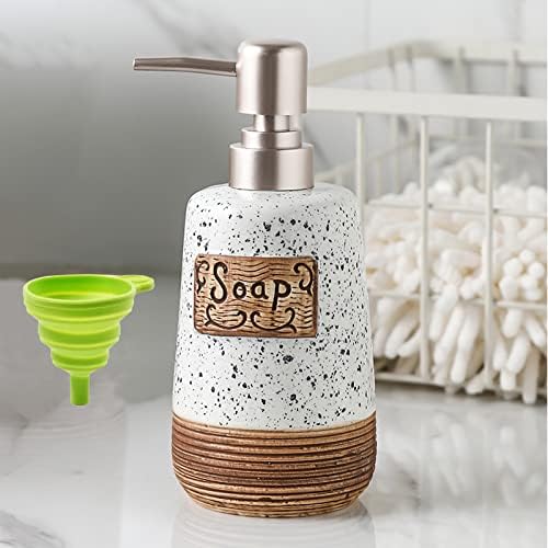 מתקן סבון קרמיקה כפרי לבן, מתקן סבון עיצוב מודרני 15 oz עם משאבת פלסטיק זהב ומשפך, מתקן יד נוזלי נוזלי