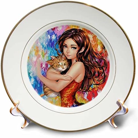 3 דרוז אישה מקסימה מחבקת חתול ג'ינג'ר. מתנה צבעונית, קסם לאוהבי החתולים - צלחות