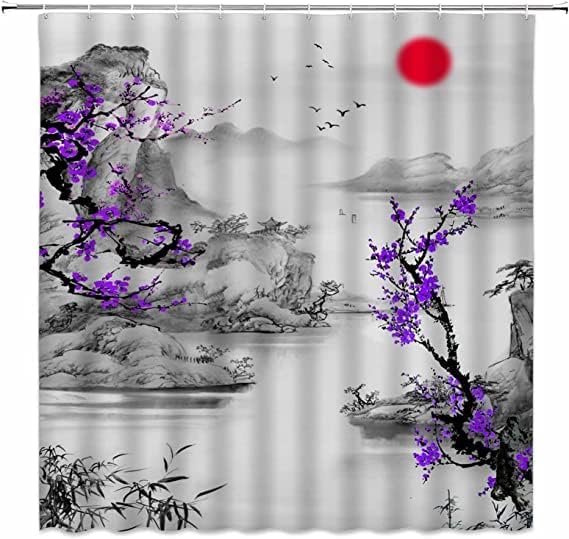 וילון מקלחת פריחת דובדבן KKIAYY פרחי שזיף סגול יפני שזיף ערפל הרים ציפור ציפור דיו אסייתית ציור אסייתי מסורתי