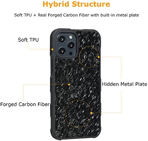 סדרת צמיגים של Molzar iPhone 12 Pro Max Case עם סיבי פחמן מזויפים אמיתיים, לוחית מתכת מובנית