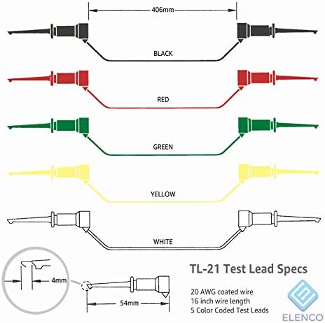 Elenco Electronics TL-21 Mini Grabber לעופרת בדיקת IC, אדום, ירוק, צהוב, שחור, לבן