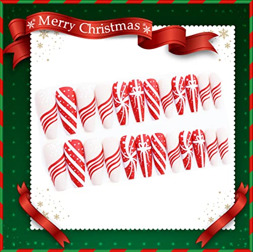24 יחידות אדום חג המולד לחץ על ציפורניים ארוך מזויף ארון ציפורניים אדום - לבן דמות מקל על ציפורניים עם סרט