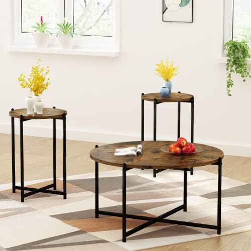 שולחן קפה סט של 3, מודרני עגול קפה שולחן & מגבר; 2 יחידות סוף שולחן עץ שולחן עם בצורת צלב בסיס מסגרת, מודרני