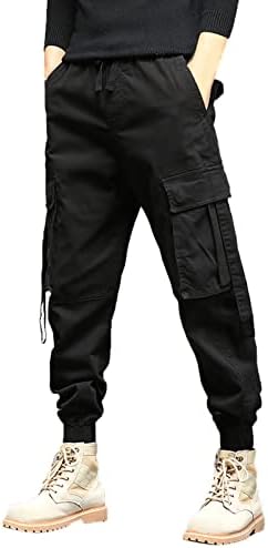 מכנסי SGAOGEW לגברים מכנסי ג'ינס גברים רופפים בכיס כותנה מכנסי מותניים אלסטיים מוצקים מכנסיים