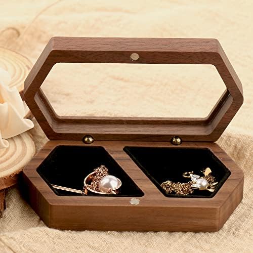 יוקין עץ הצעת טבעת תיבת אירוסין קטן נייד חתונה טבעת מקרה מוצק אגוז עץ כפול טבעת אחסון מחזיק תכשיטי אחסון