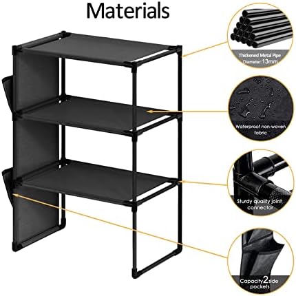 ivaxdayuqan 3 שכבות מתלה נעליים לארון, מארגן אחסון מתלי נעליים, מדף נעליים עומד חופשי עם 2 כיסים צדדיים