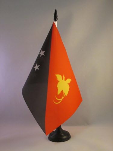 דגל AZ פפואה גינאה חדשה דגל שולחן 5 '' x 8 '' - דגל שולחן פפואן 21 x 14 סמ - מקל פלסטיק שחור ובסיס