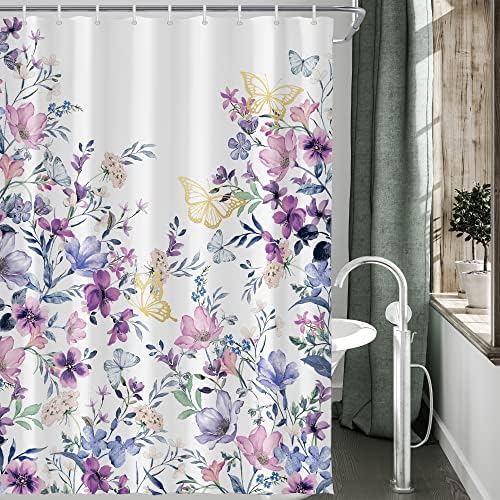 וילון מקלחת פרחים פרחים סגולים וילון חדר אמבטיה 60W*72H אינץ 'וינטג' צבעי מים פרחי בר בוטניים